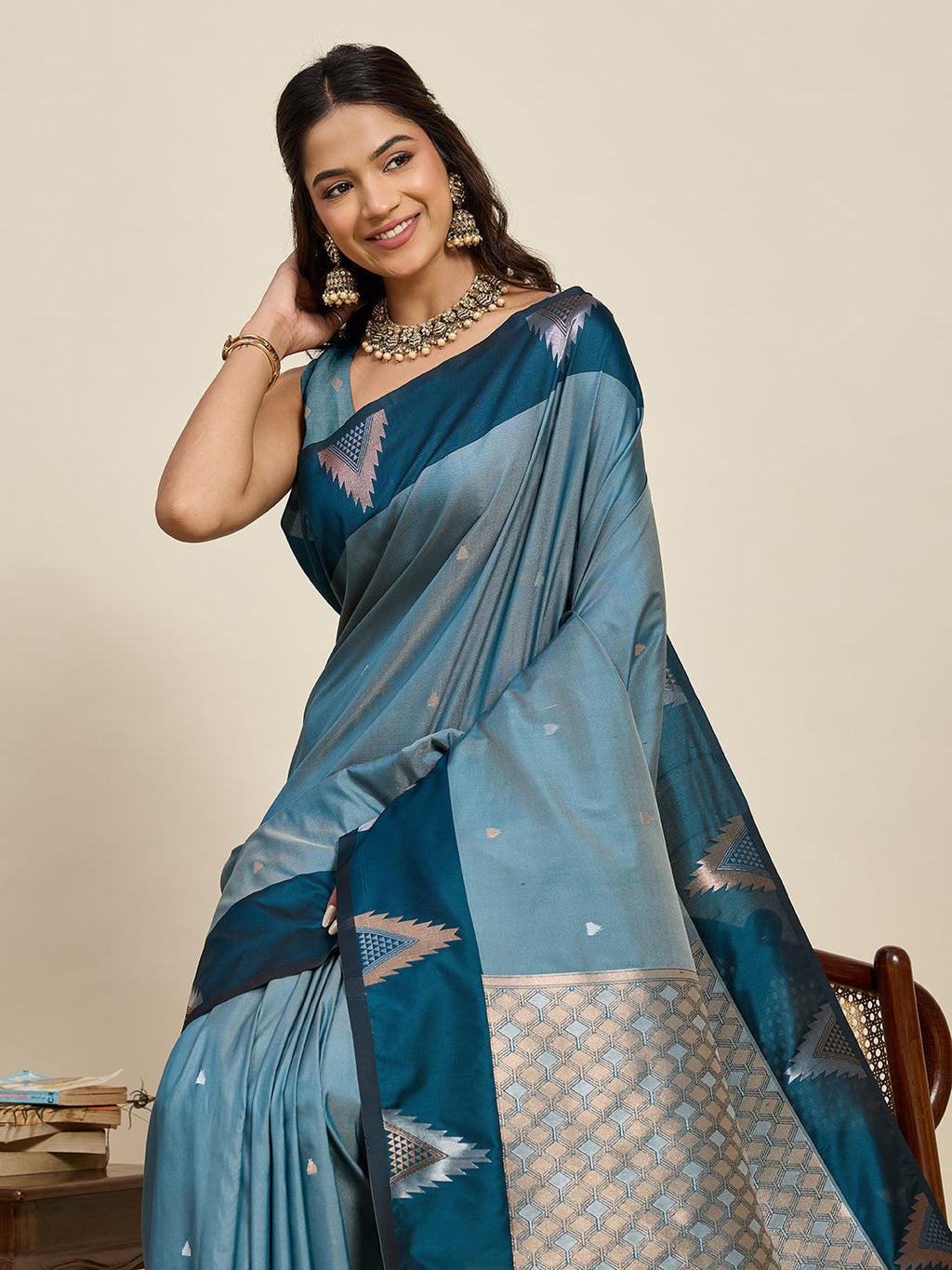 Vedant Vastram Soft Litchi Silk Banarasi Silk Jacquard Saree - Rama | Grocsy