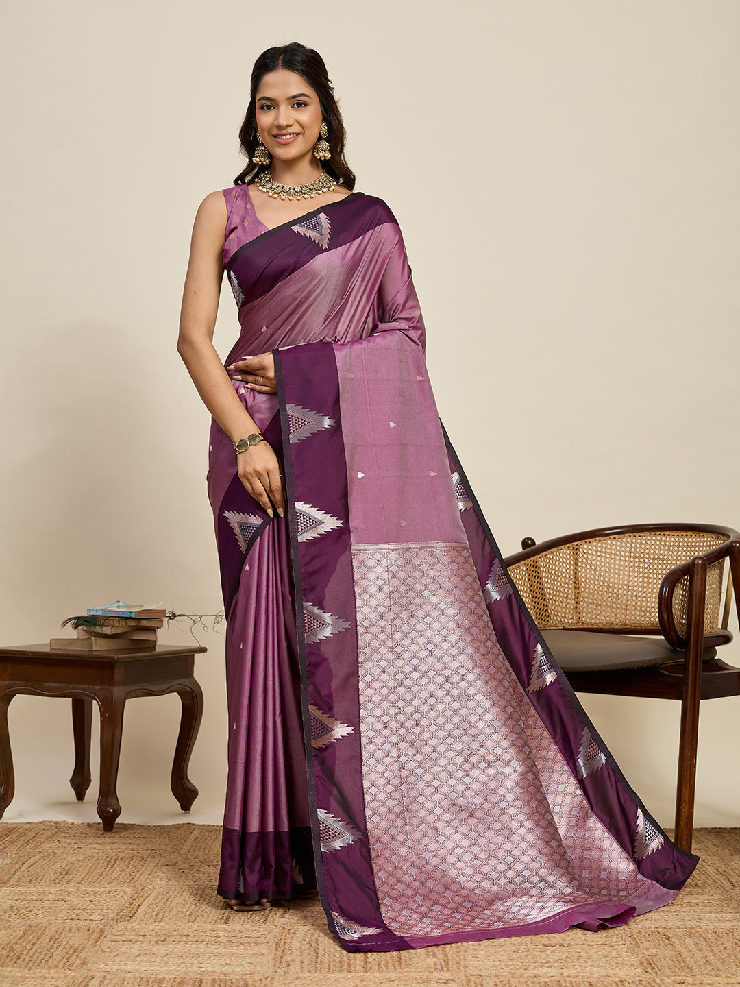 Vedant Vastram Soft Litchi Silk Banarasi Silk Jacquard Saree - Wine | Grocsy