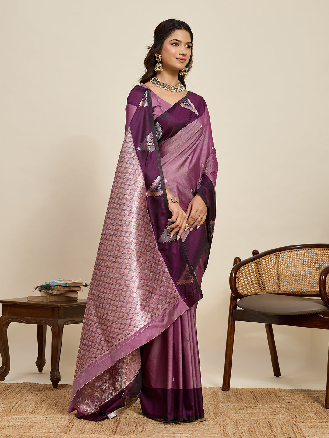 Vedant Vastram Soft Litchi Silk Banarasi Silk Jacquard Saree - Wine | Grocsy