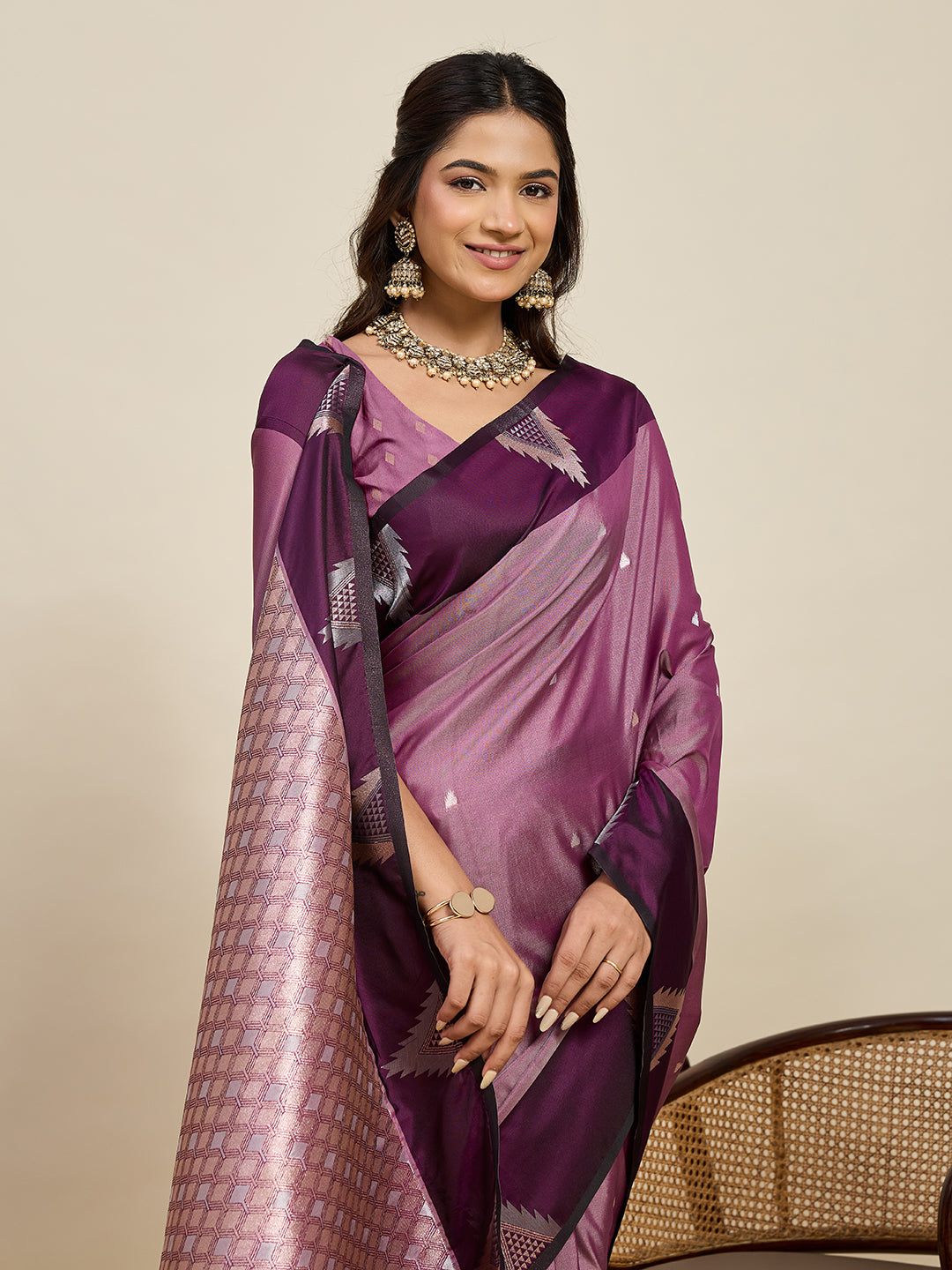 Vedant Vastram Soft Litchi Silk Banarasi Silk Jacquard Saree - Wine | Grocsy