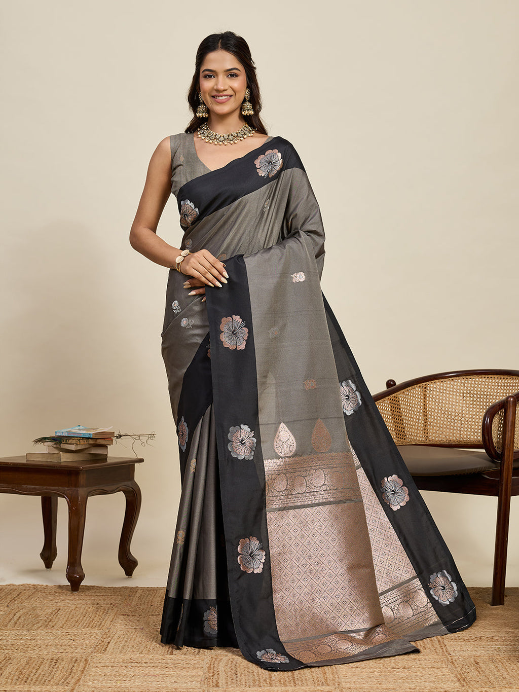 Vedant Vastram Soft Litchi Silk Banarasi Silk Jacquard Saree - Black | Grocsy