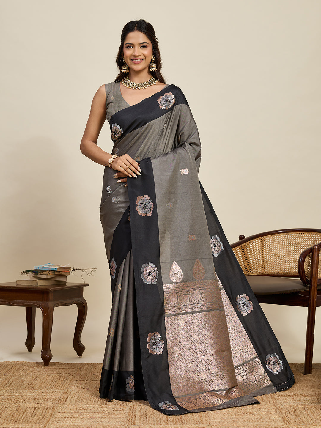 Vedant Vastram Soft Litchi Silk Banarasi Silk Jacquard Saree - Black | Grocsy