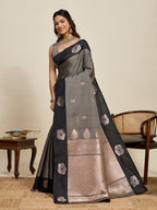Vedant Vastram Soft Litchi Silk Banarasi Silk Jacquard Saree - Black | Grocsy