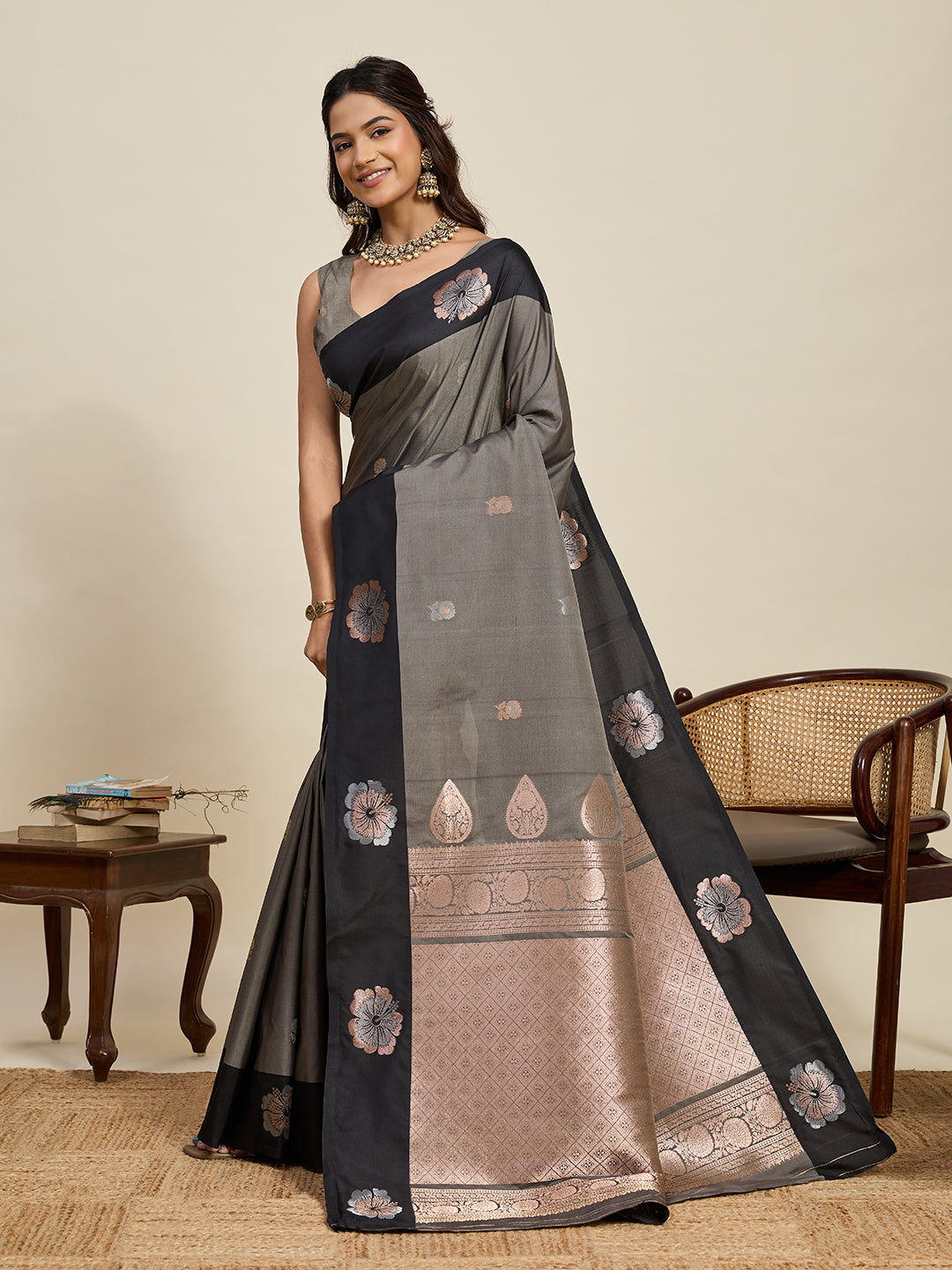 Vedant Vastram Soft Litchi Silk Banarasi Silk Jacquard Saree - Black | Grocsy