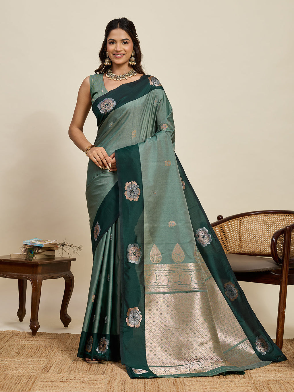 Vedant Vastram Soft Litchi Silk Banarasi Silk Jacquard Saree - Green | Grocsy