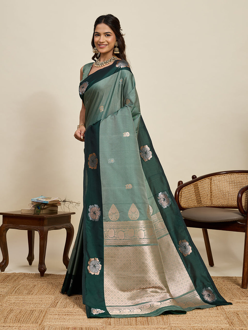 Vedant Vastram Soft Litchi Silk Banarasi Silk Jacquard Saree - Green | Grocsy