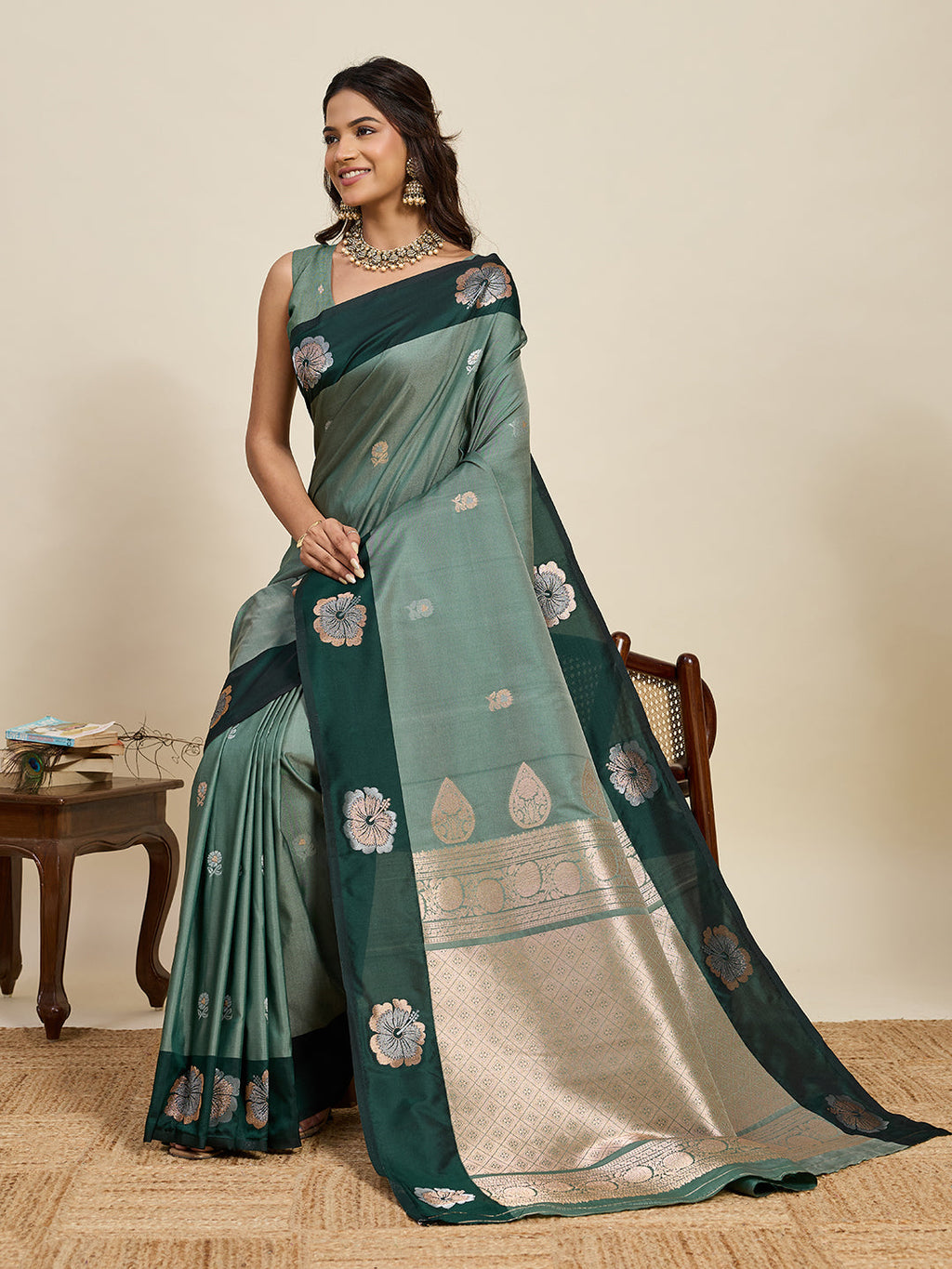 Vedant Vastram Soft Litchi Silk Banarasi Silk Jacquard Saree - Green | Grocsy