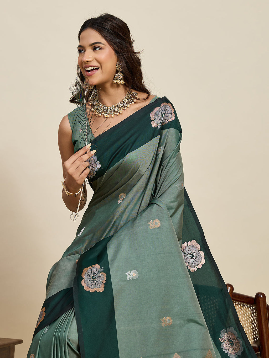 Vedant Vastram Soft Litchi Silk Banarasi Silk Jacquard Saree - Green | Grocsy