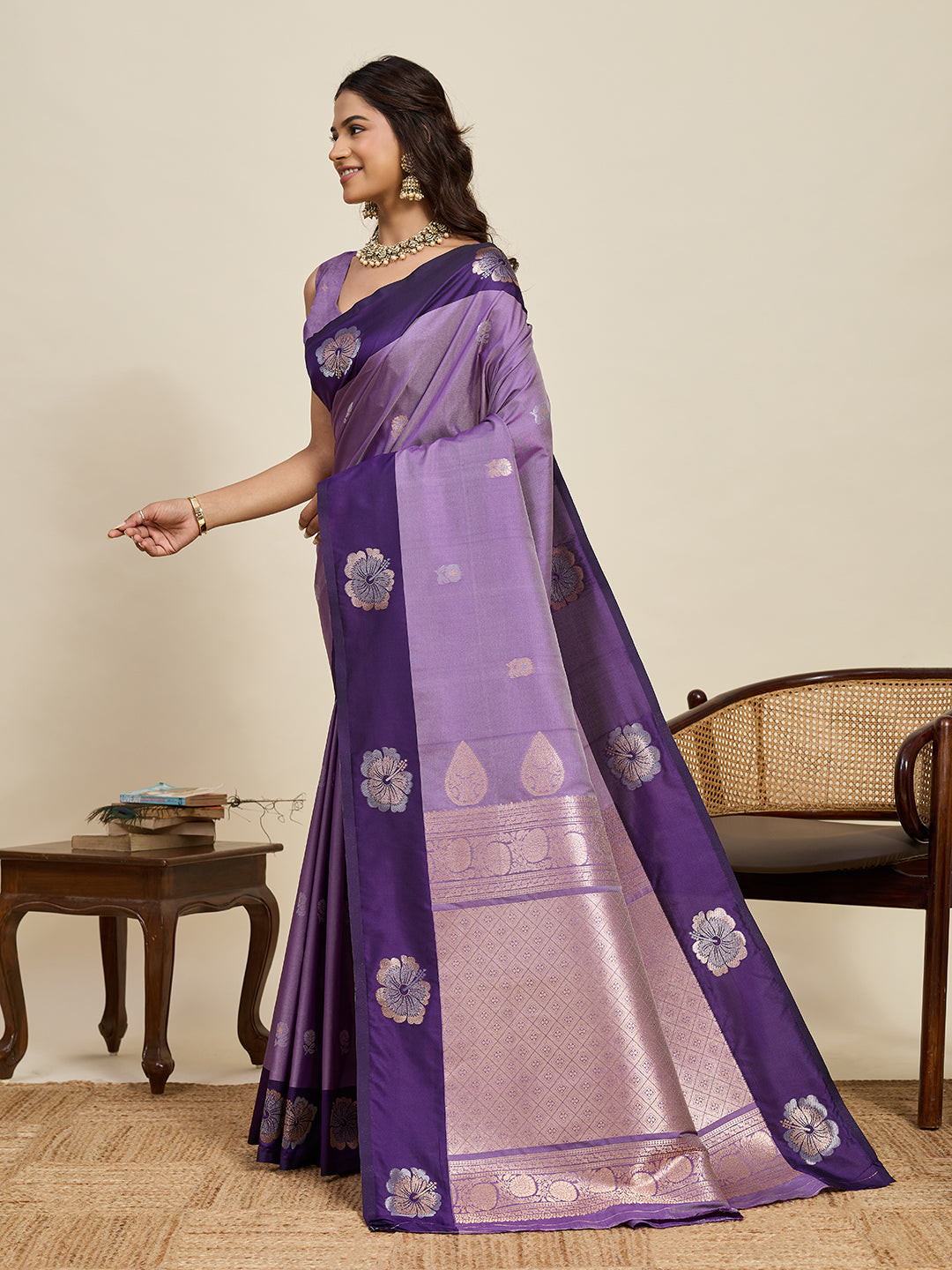 Vedant Vastram Soft Litchi Silk Banarasi Silk Jacquard Saree - Lavender | Grocsy