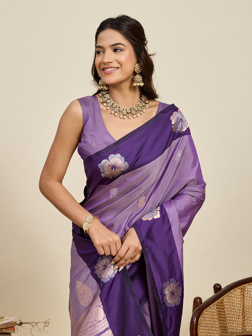 Vedant Vastram Soft Litchi Silk Banarasi Silk Jacquard Saree - Lavender | Grocsy