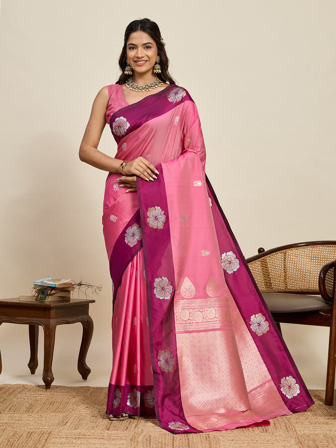 Vedant Vastram Soft Litchi Silk Banarasi Silk Jacquard Saree - Pink | Grocsy