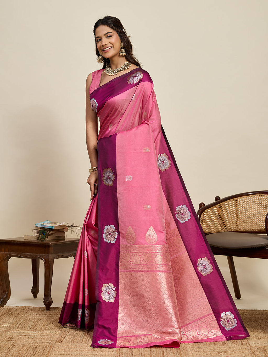 Vedant Vastram Soft Litchi Silk Banarasi Silk Jacquard Saree - Pink | Grocsy