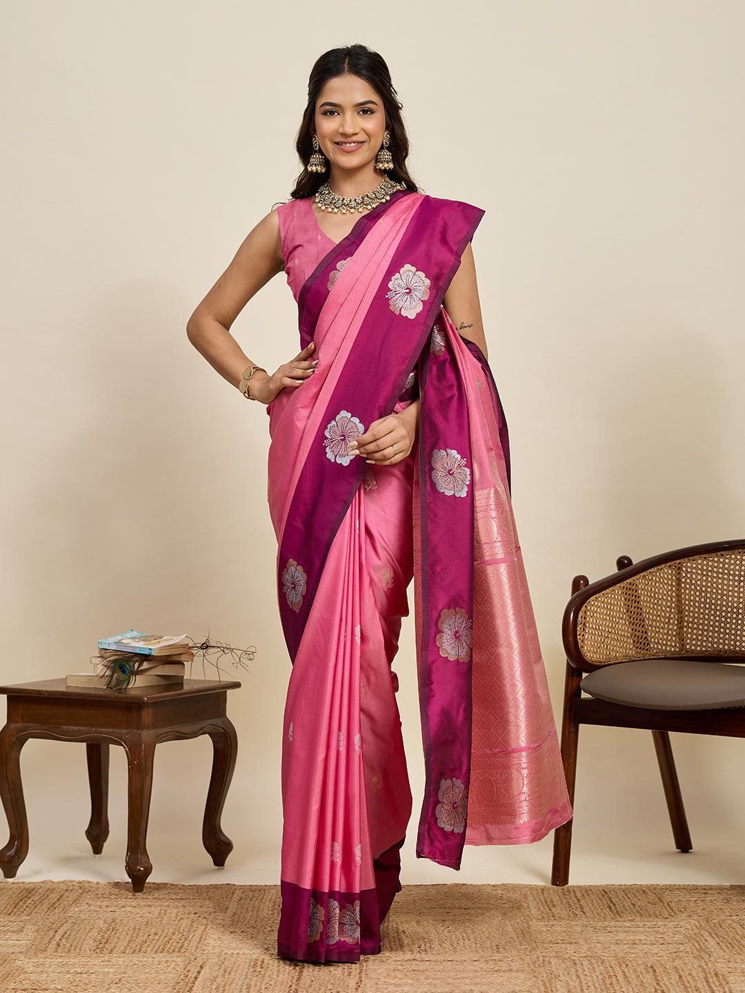 Vedant Vastram Soft Litchi Silk Banarasi Silk Jacquard Saree - Pink | Grocsy