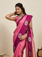 Vedant Vastram Soft Litchi Silk Banarasi Silk Jacquard Saree - Pink | Grocsy