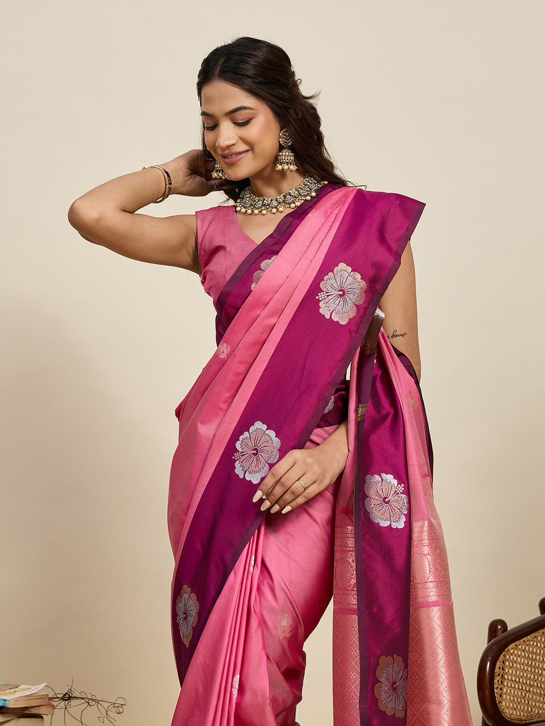 Vedant Vastram Soft Litchi Silk Banarasi Silk Jacquard Saree - Pink | Grocsy