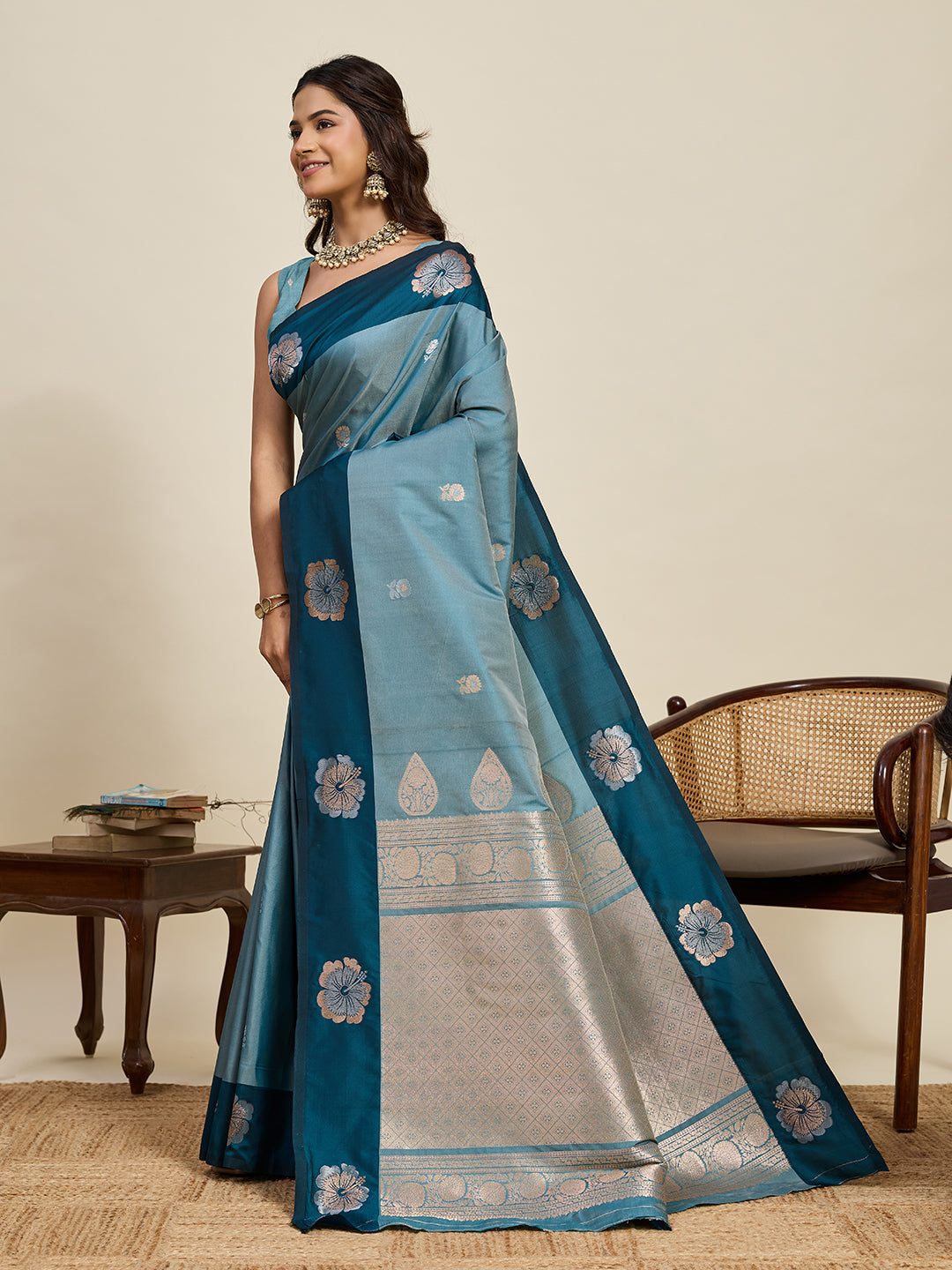 Vedant Vastram Soft Litchi Silk Banarasi Silk Jacquard Saree - Rama | Grocsy