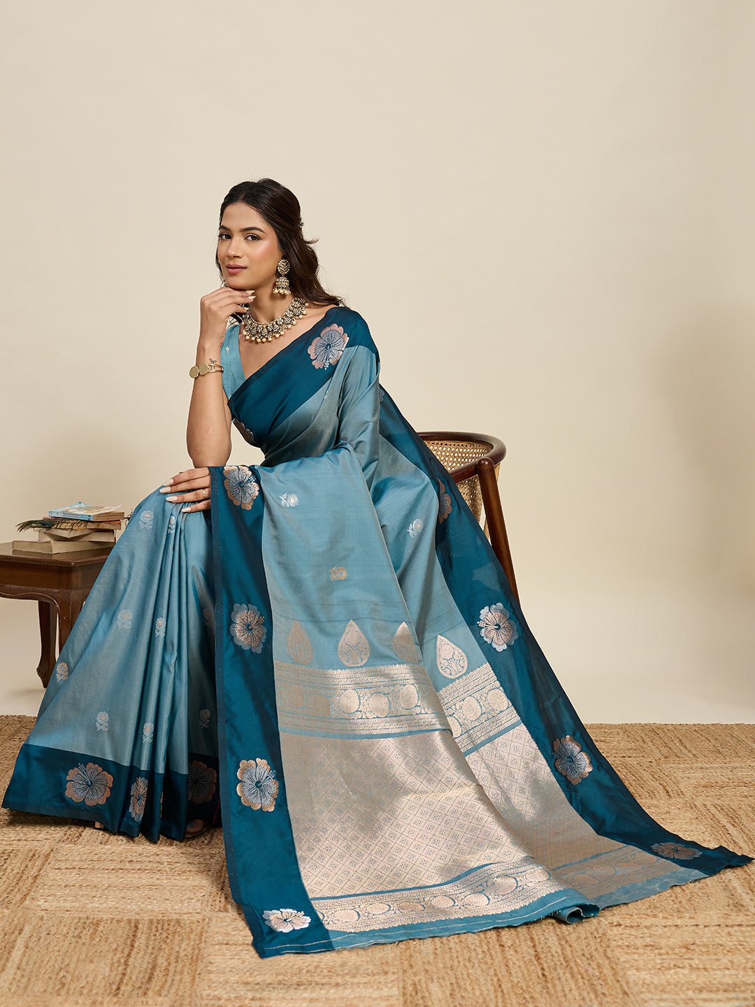 Vedant Vastram Soft Litchi Silk Banarasi Silk Jacquard Saree - Rama | Grocsy