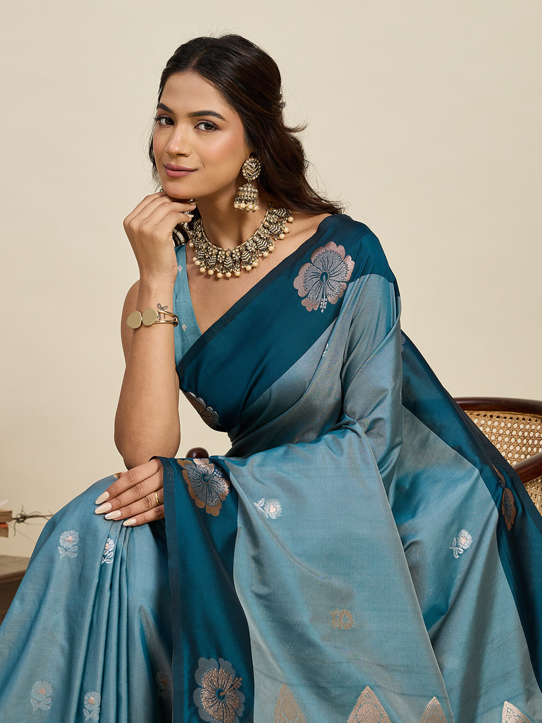 Vedant Vastram Soft Litchi Silk Banarasi Silk Jacquard Saree - Rama | Grocsy