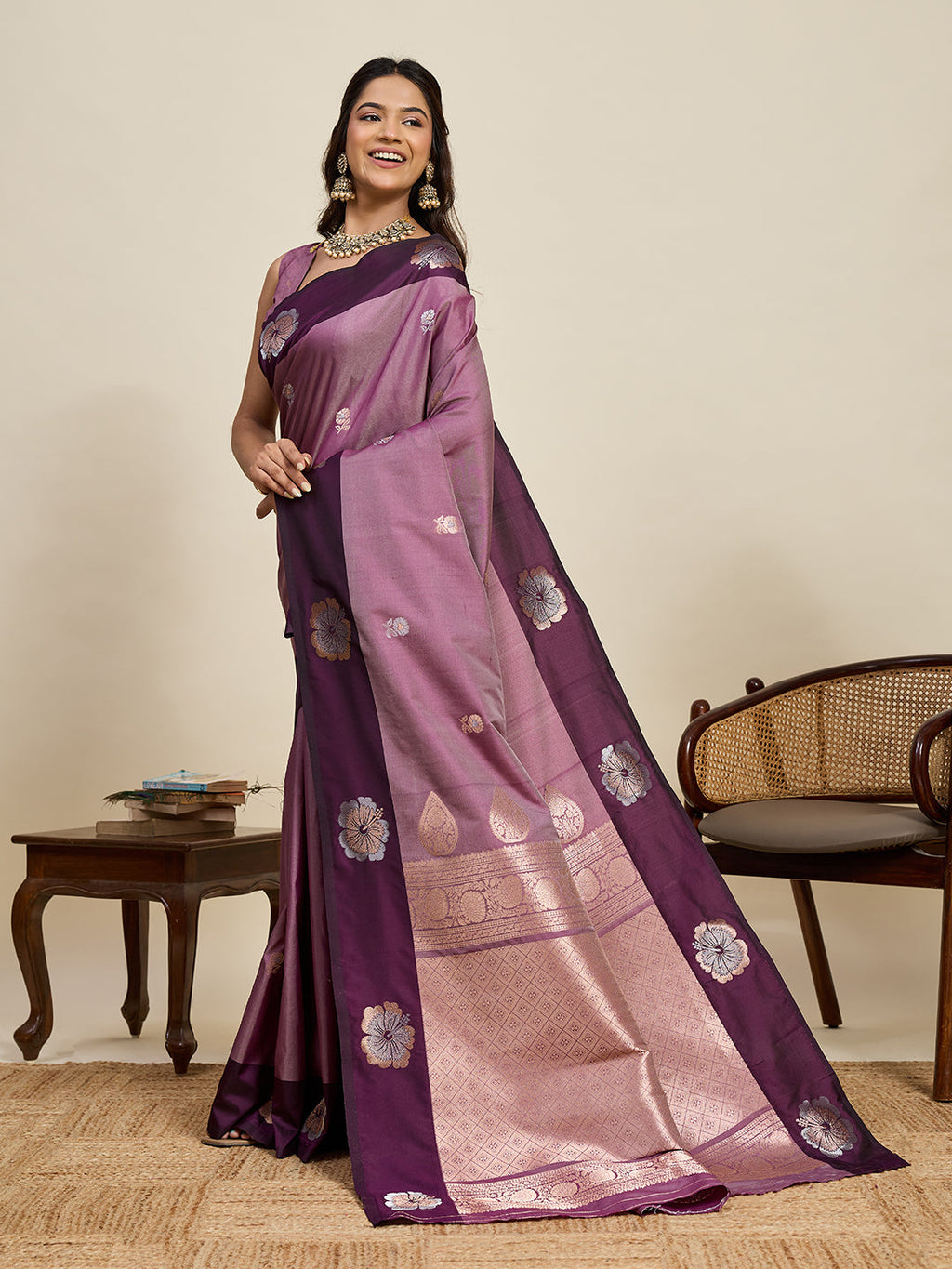 Vedant Vastram Soft Litchi Silk Banarasi Silk Jacquard Saree - Wine | Grocsy