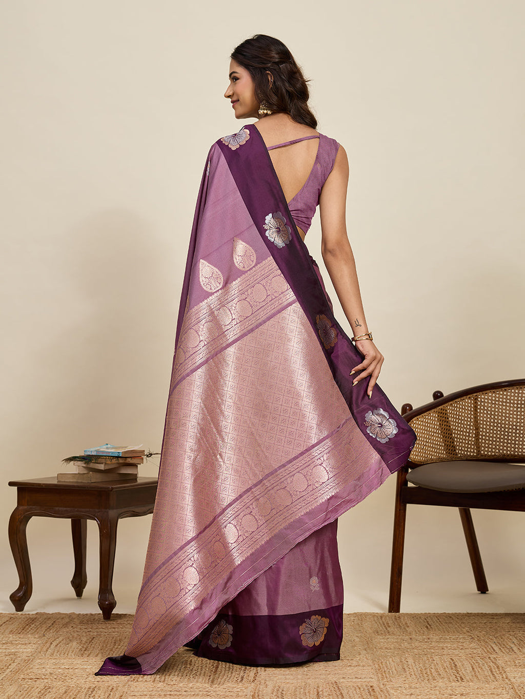 Vedant Vastram Soft Litchi Silk Banarasi Silk Jacquard Saree - Wine | Grocsy