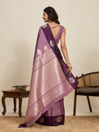 Vedant Vastram Soft Litchi Silk Banarasi Silk Jacquard Saree - Wine | Grocsy