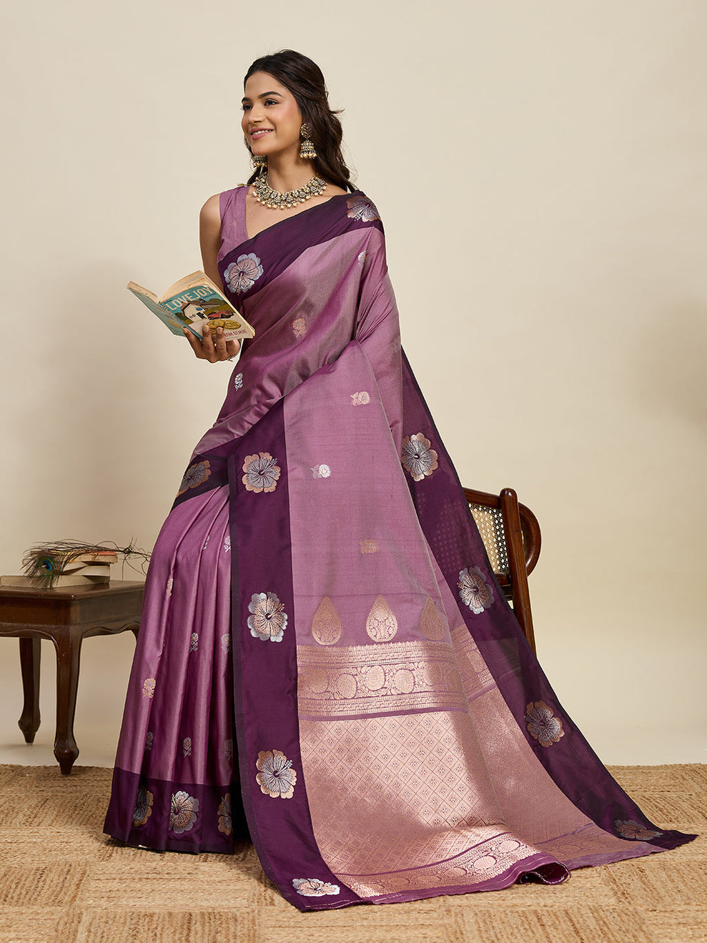 Vedant Vastram Soft Litchi Silk Banarasi Silk Jacquard Saree - Wine | Grocsy