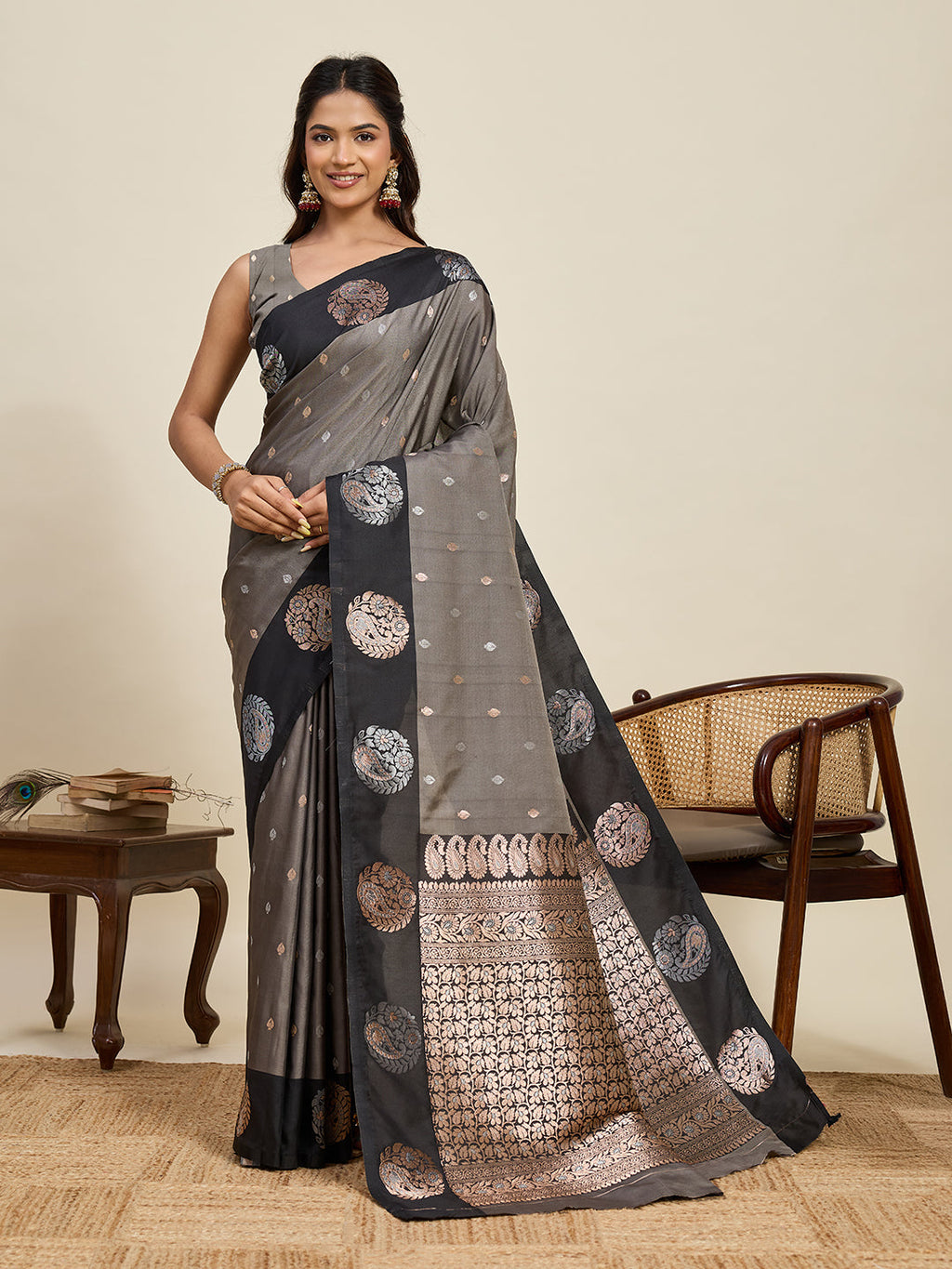 Vedant Vastram Soft Litchi Silk Banarasi Silk Jacquard Saree - Black | Grocsy