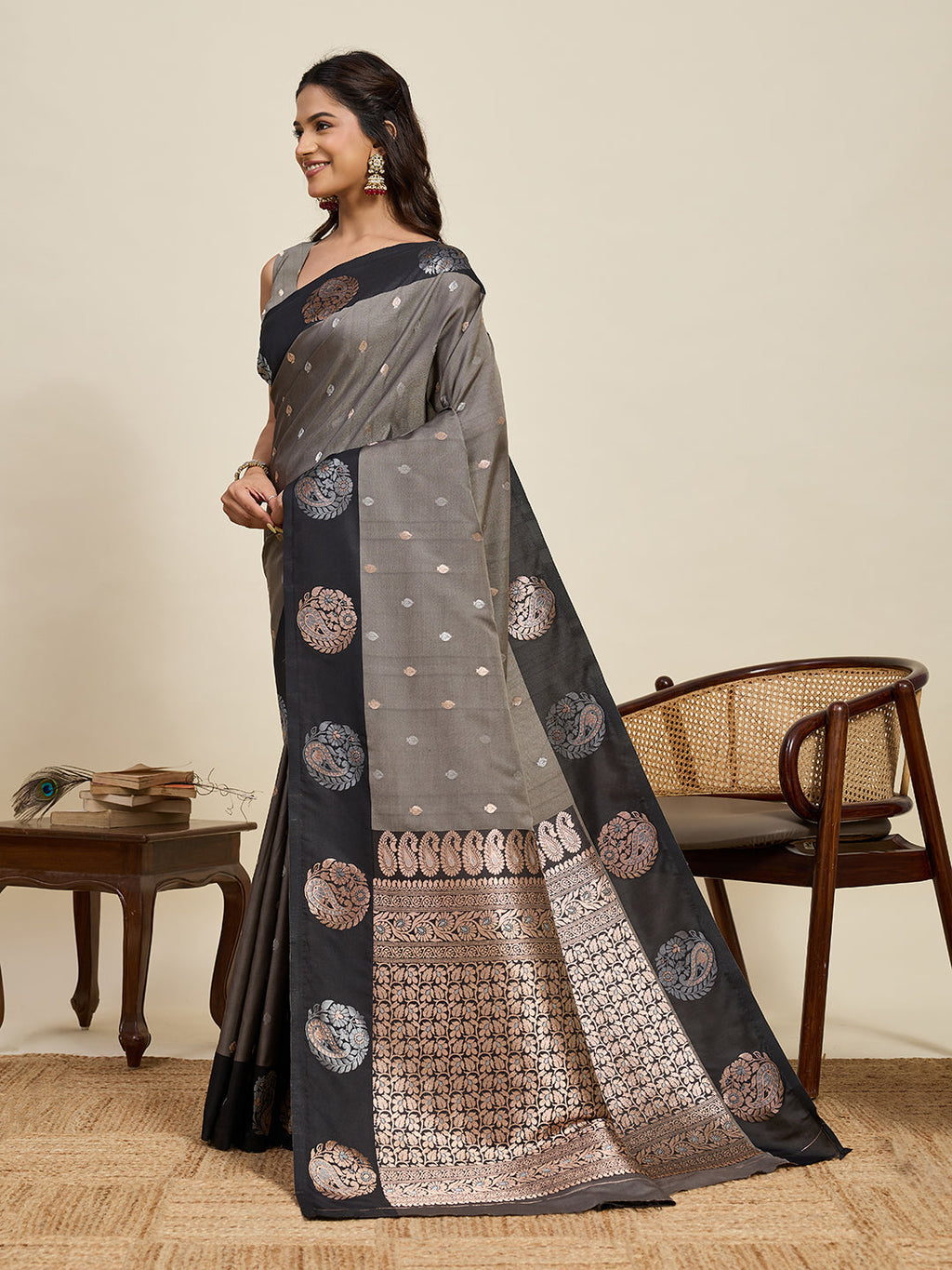 Vedant Vastram Soft Litchi Silk Banarasi Silk Jacquard Saree - Black | Grocsy