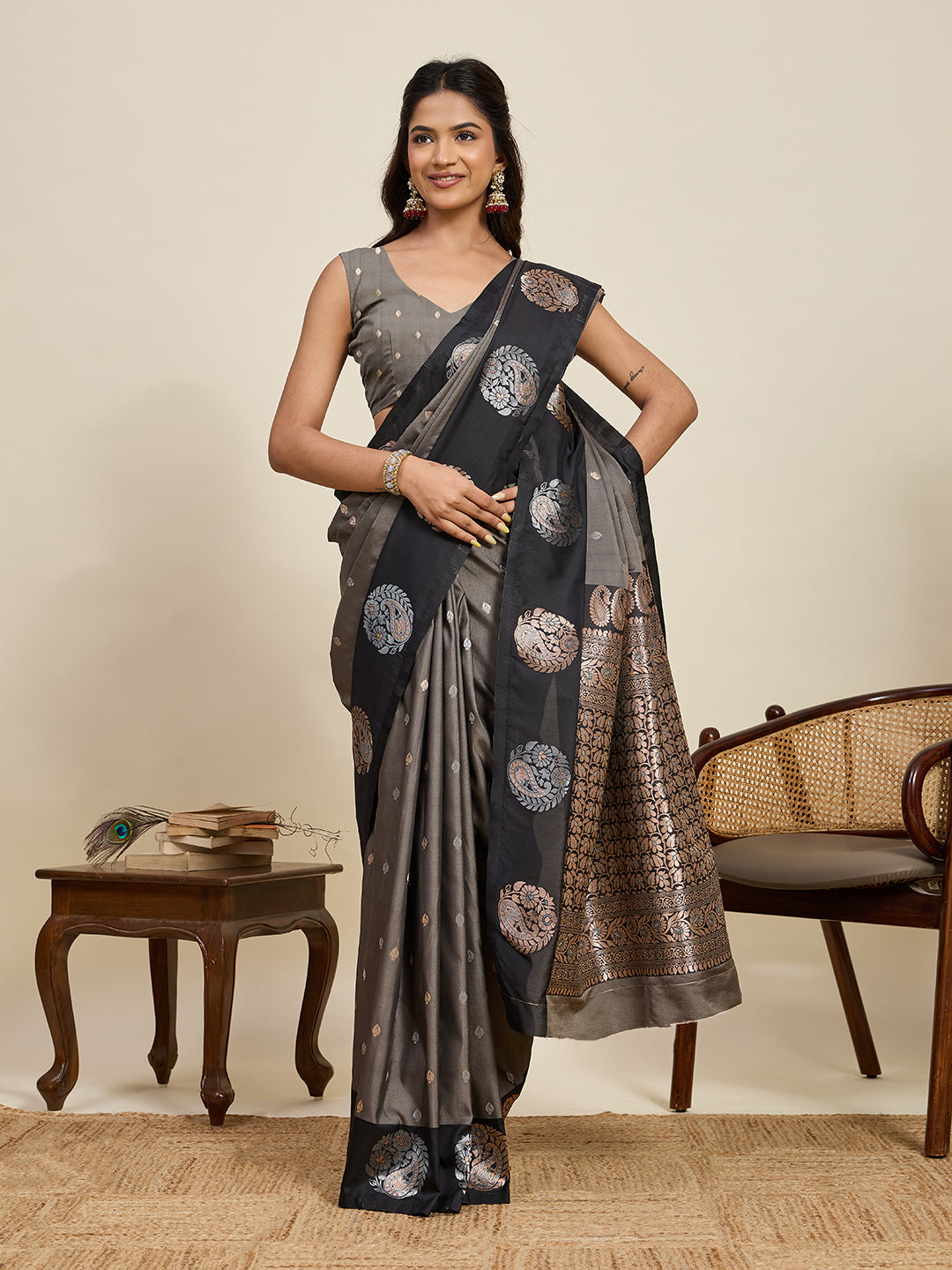 Vedant Vastram Soft Litchi Silk Banarasi Silk Jacquard Saree - Black | Grocsy