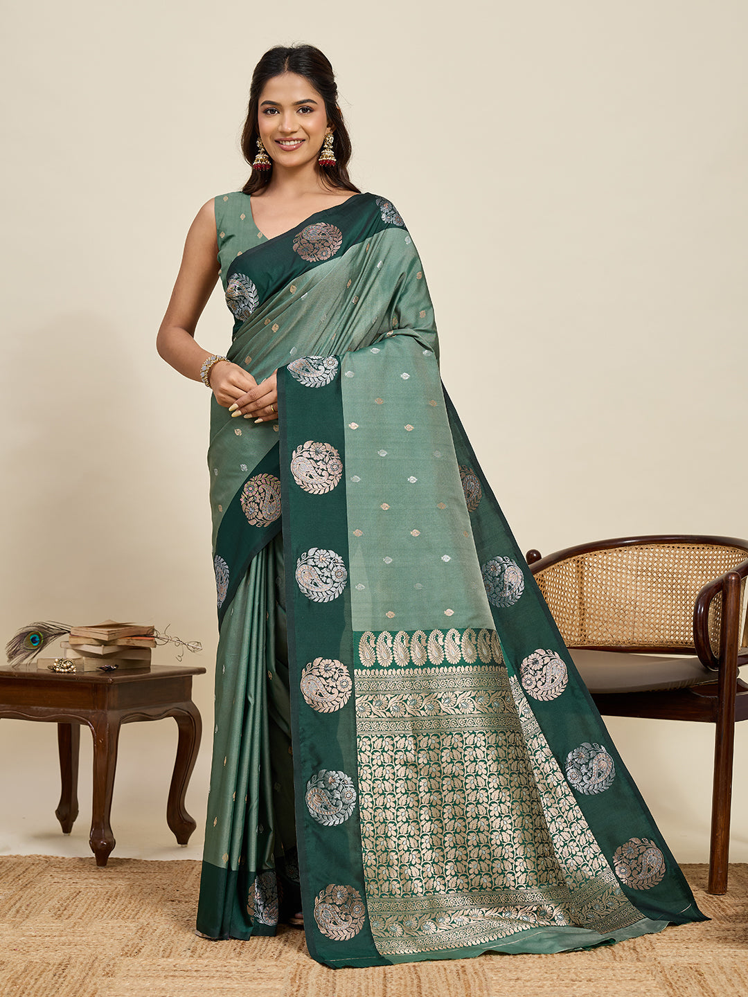 Vedant Vastram Soft Litchi Silk Banarasi Silk Jacquard Saree - Green | Grocsy