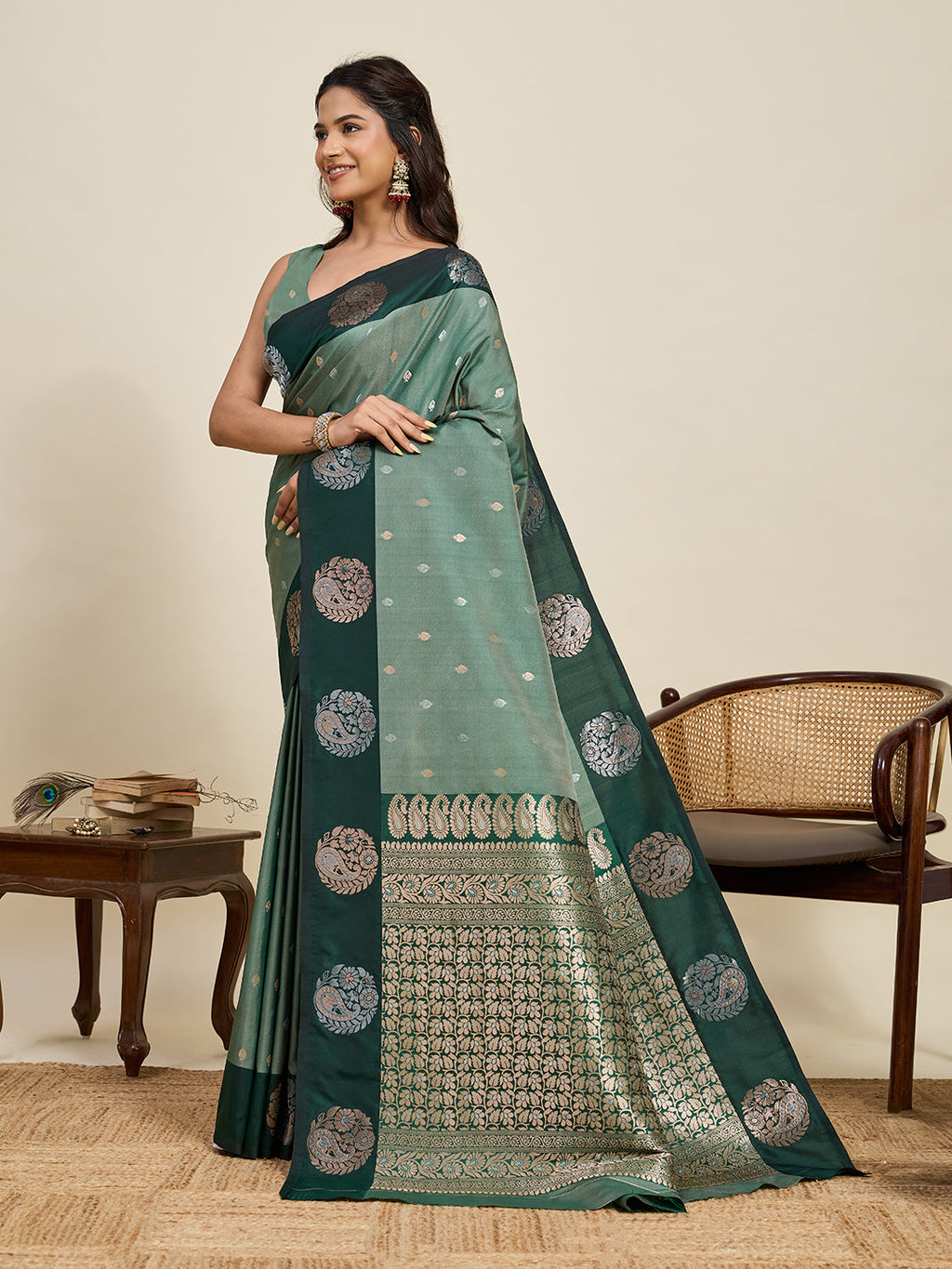 Vedant Vastram Soft Litchi Silk Banarasi Silk Jacquard Saree - Green | Grocsy