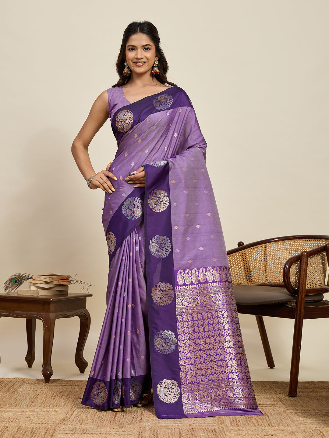 Vedant Vastram Soft Litchi Silk Banarasi Silk Jacquard Saree - Lavender | Grocsy