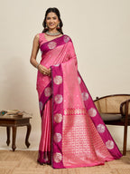 Vedant Vastram Soft Litchi Silk Banarasi Silk Jacquard Saree - Pink | Grocsy