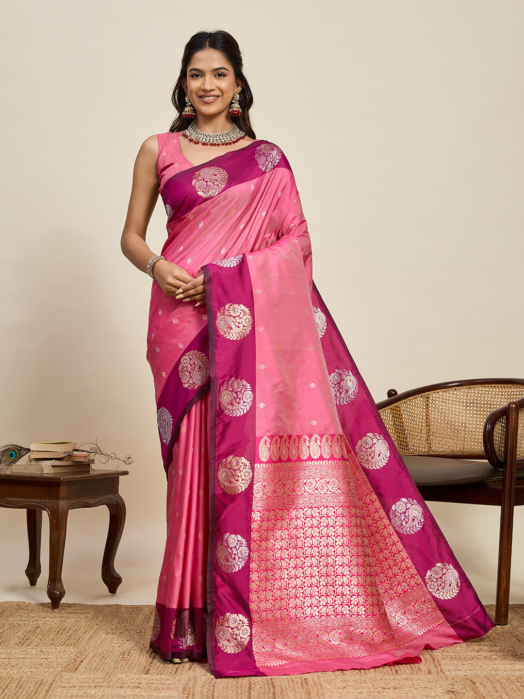 Vedant Vastram Soft Litchi Silk Banarasi Silk Jacquard Saree - Pink | Grocsy