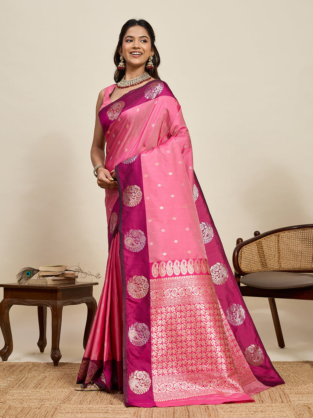Vedant Vastram Soft Litchi Silk Banarasi Silk Jacquard Saree - Pink | Grocsy