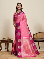 Vedant Vastram Soft Litchi Silk Banarasi Silk Jacquard Saree - Pink | Grocsy