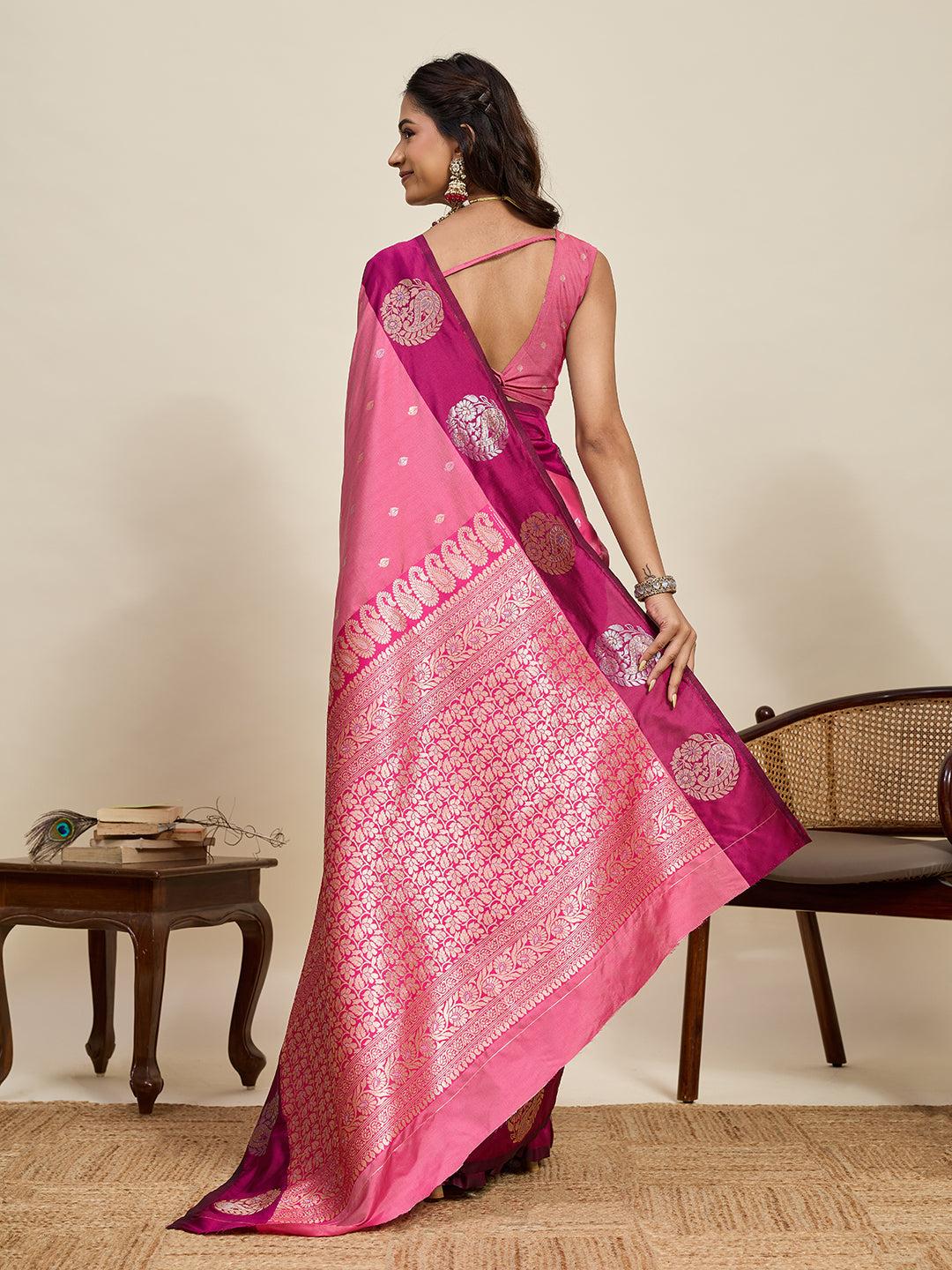 Vedant Vastram Soft Litchi Silk Banarasi Silk Jacquard Saree - Pink | Grocsy