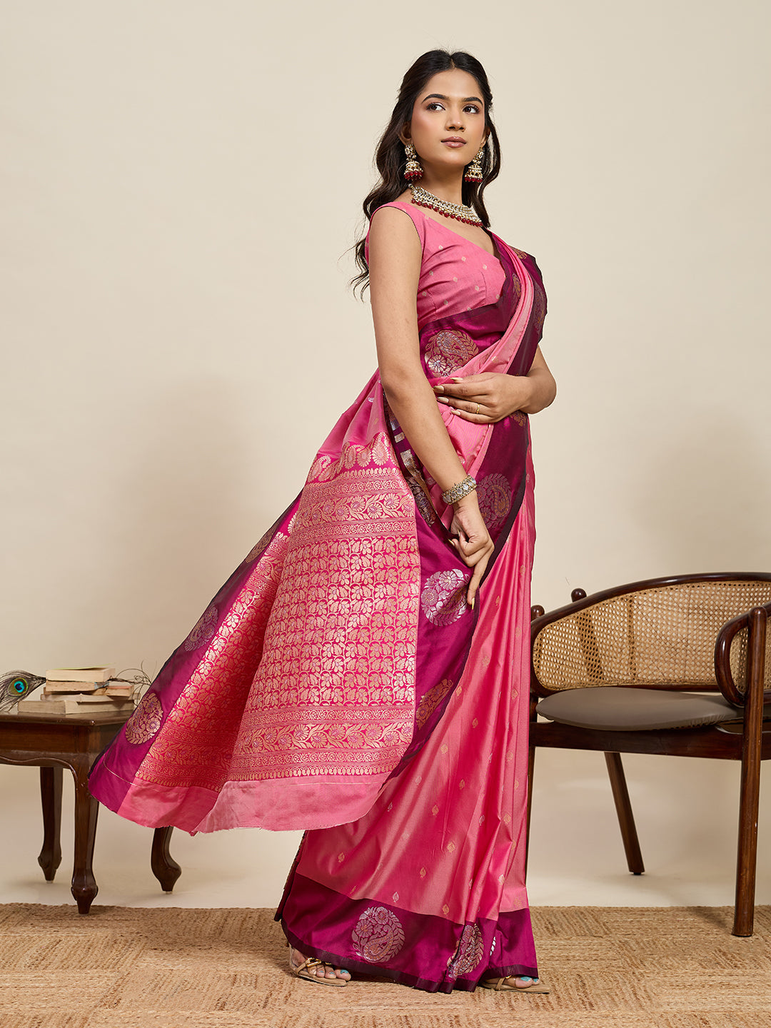 Vedant Vastram Soft Litchi Silk Banarasi Silk Jacquard Saree - Pink | Grocsy