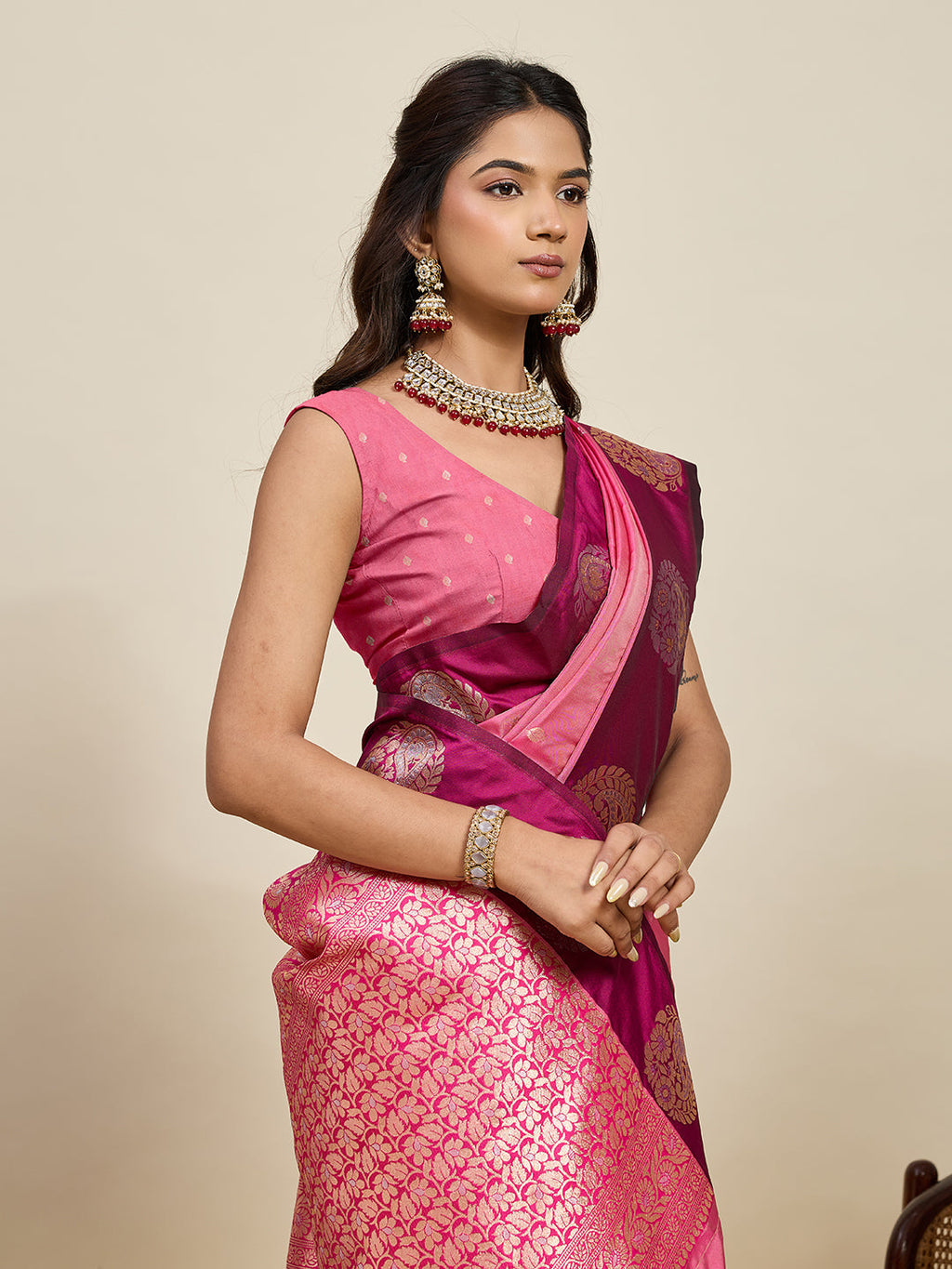 Vedant Vastram Soft Litchi Silk Banarasi Silk Jacquard Saree - Pink | Grocsy
