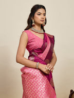 Vedant Vastram Soft Litchi Silk Banarasi Silk Jacquard Saree - Pink | Grocsy