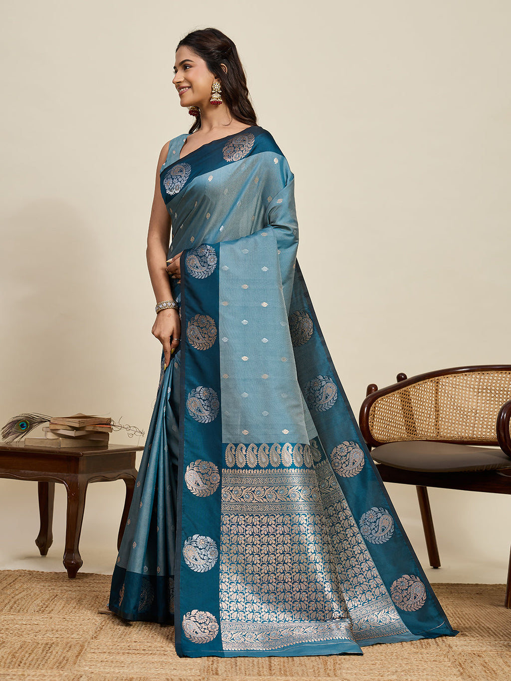 Vedant Vastram Soft Litchi Silk Banarasi Silk Jacquard Saree - Rama | Grocsy