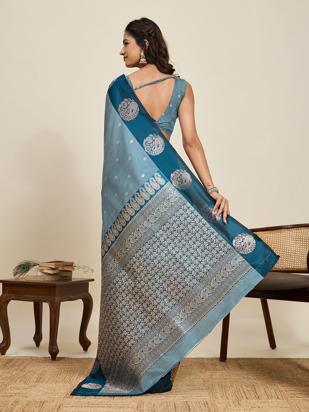 Vedant Vastram Soft Litchi Silk Banarasi Silk Jacquard Saree - Rama | Grocsy
