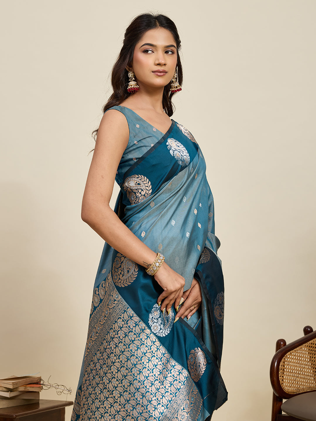 Vedant Vastram Soft Litchi Silk Banarasi Silk Jacquard Saree - Rama | Grocsy