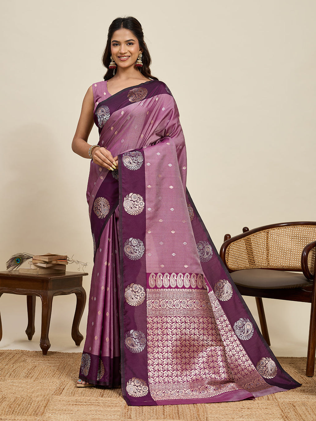 Vedant Vastram Soft Litchi Silk Banarasi Silk Jacquard Saree - Wine | Grocsy