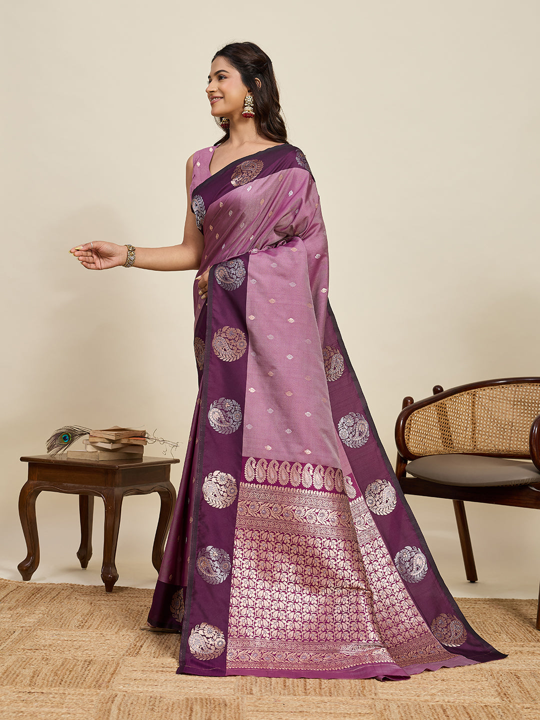 Vedant Vastram Soft Litchi Silk Banarasi Silk Jacquard Saree - Wine | Grocsy