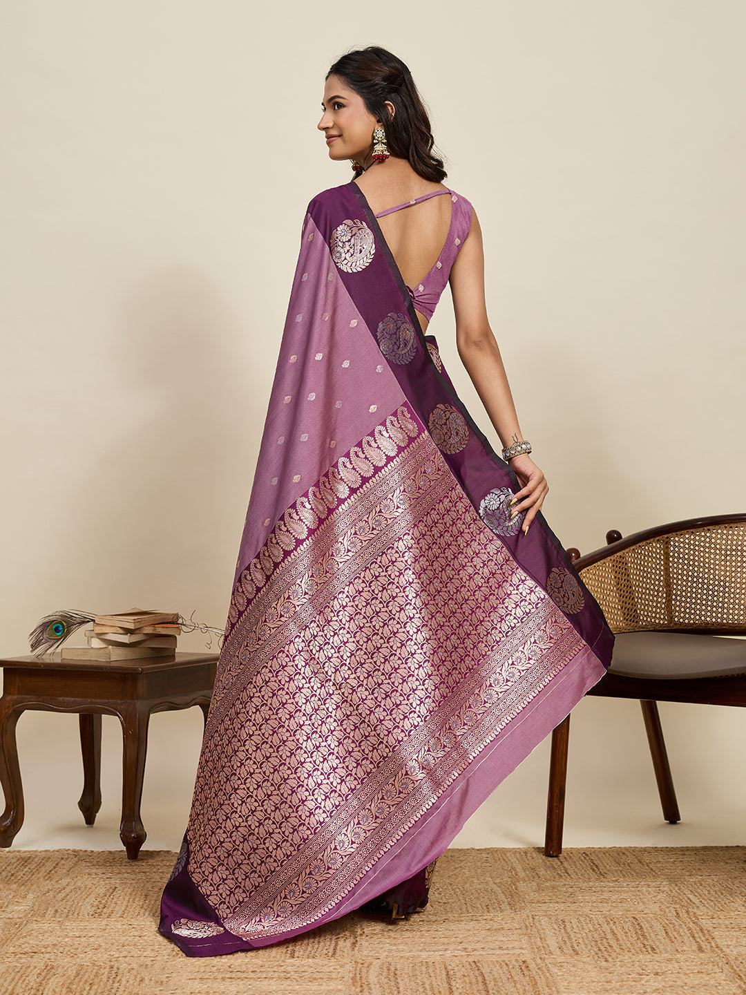 Vedant Vastram Soft Litchi Silk Banarasi Silk Jacquard Saree - Wine | Grocsy