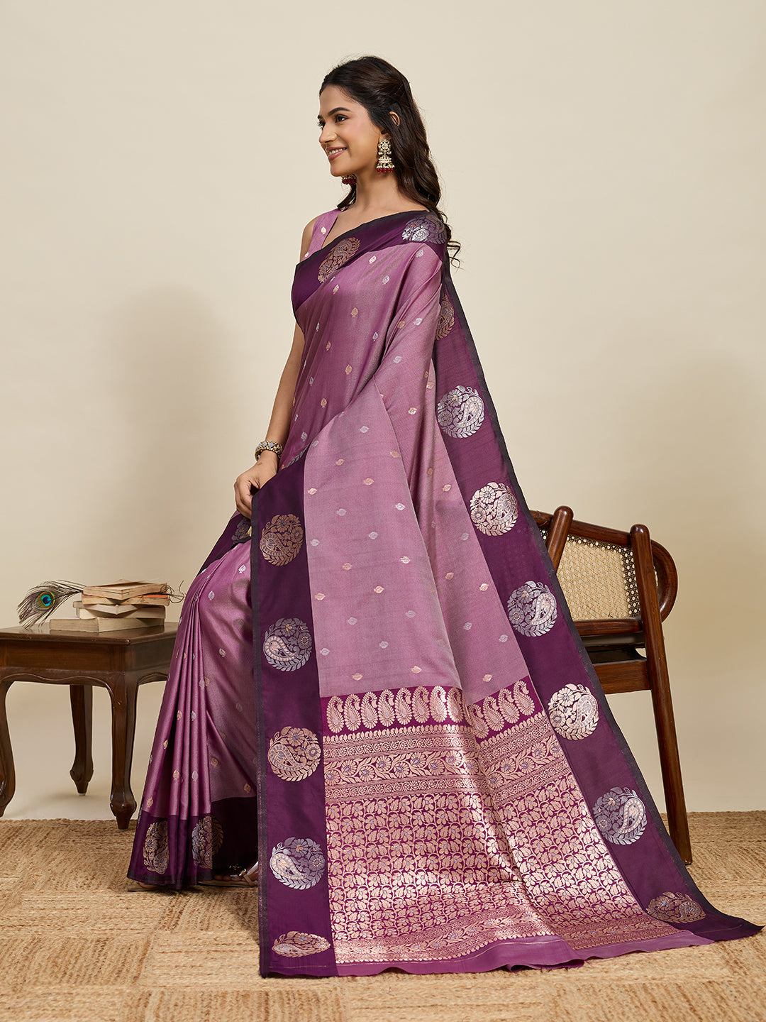 Vedant Vastram Soft Litchi Silk Banarasi Silk Jacquard Saree - Wine | Grocsy