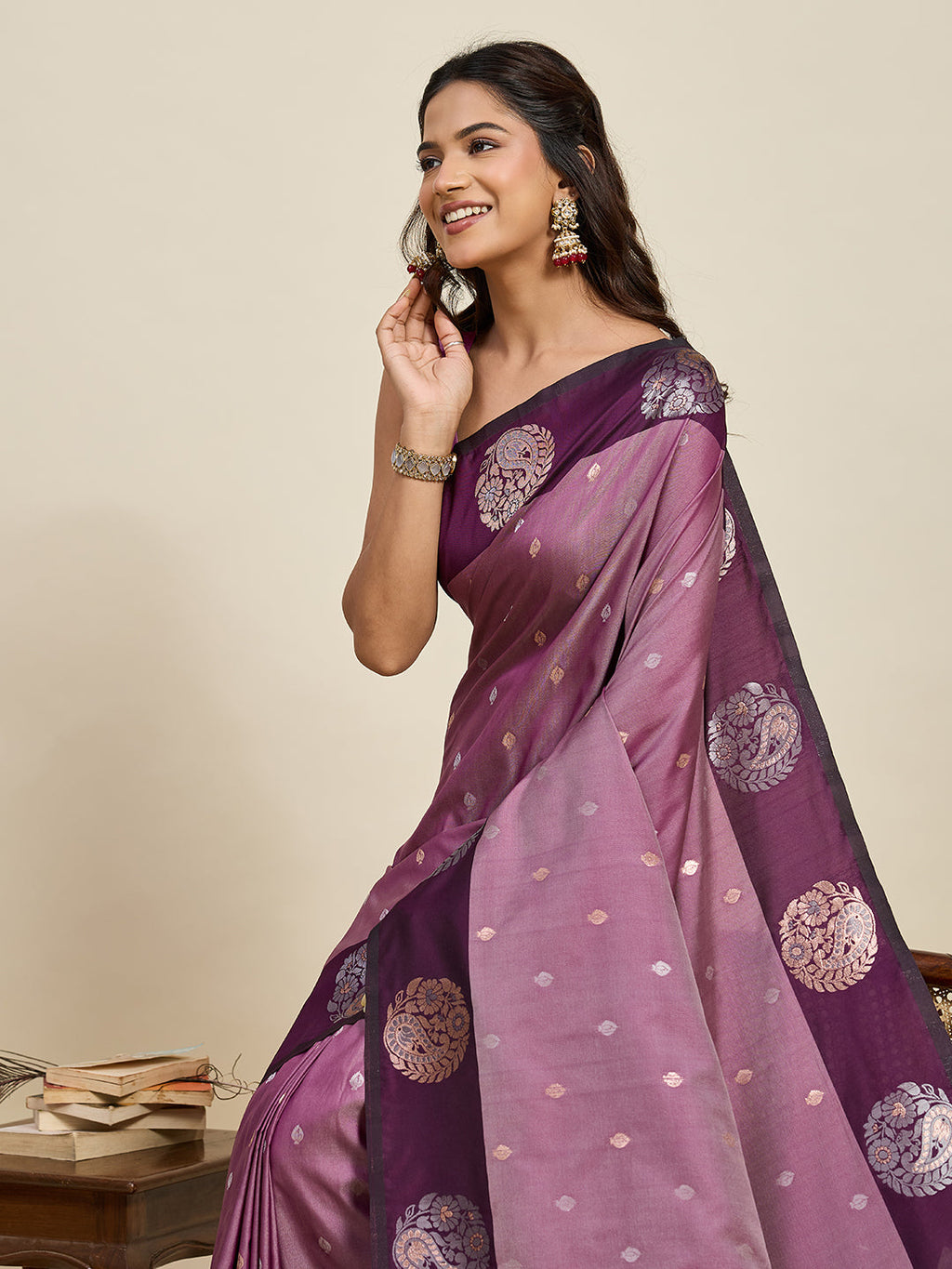 Vedant Vastram Soft Litchi Silk Banarasi Silk Jacquard Saree - Wine | Grocsy
