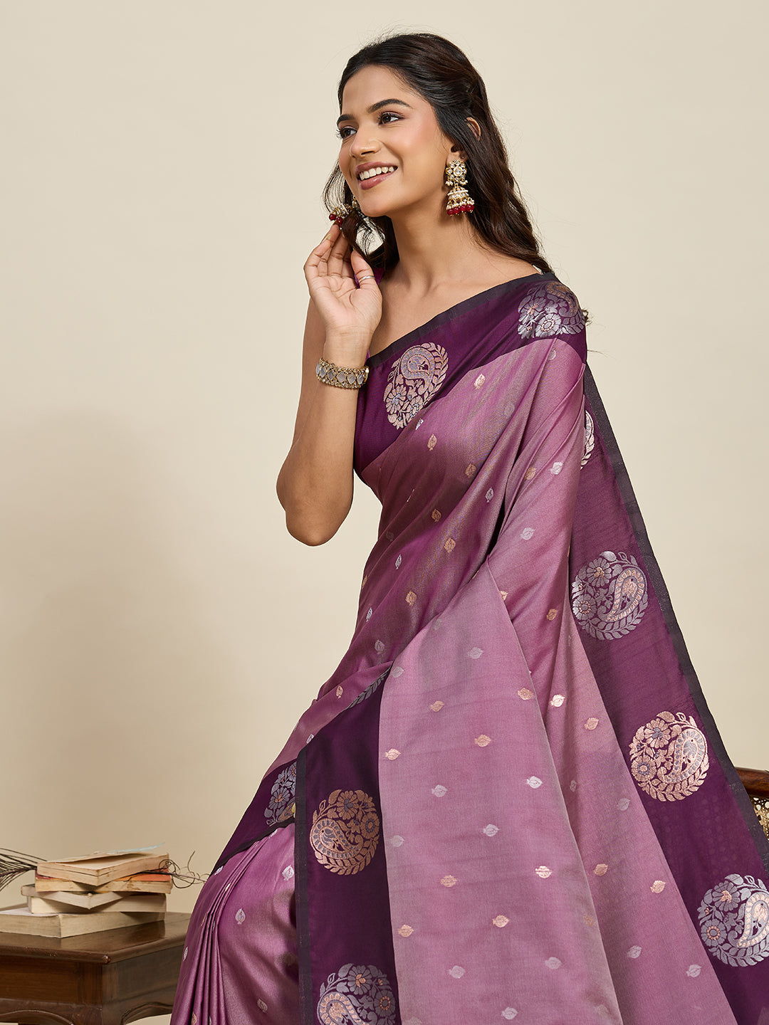 Vedant Vastram Soft Litchi Silk Banarasi Silk Jacquard Saree - Wine | Grocsy