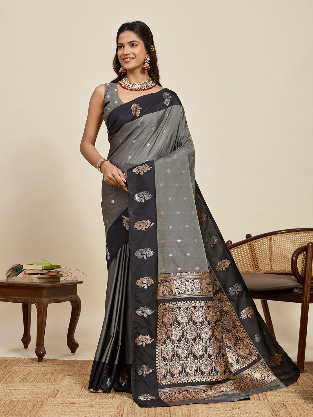 Vedant Vastram Soft Litchi Silk Banarasi Silk Jacquard Saree - Black | Grocsy